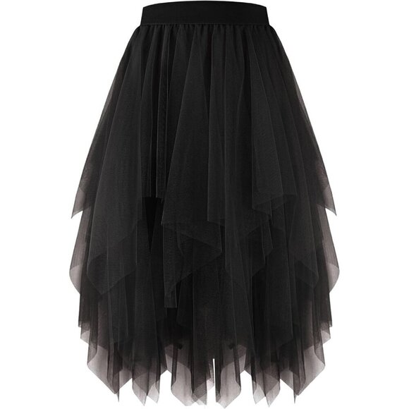 Women Black High Waist Elastic Midi A- line Irregular Layered Mesh Tutu Skirts - Picture 1 of 6